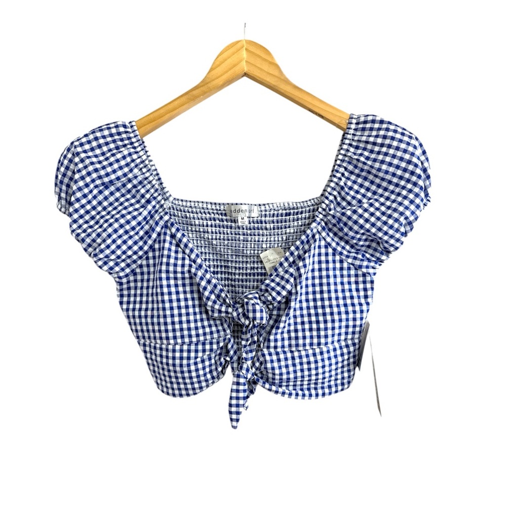 Madden Girl Blue Gingham Tie-Front Puff Sleeve Crop Top